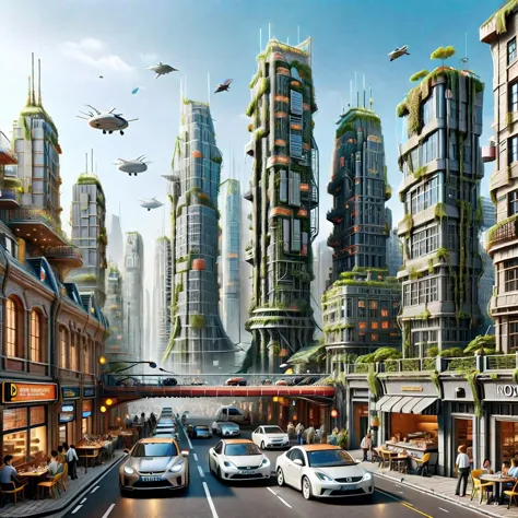 futuristic city with cars and people on the street