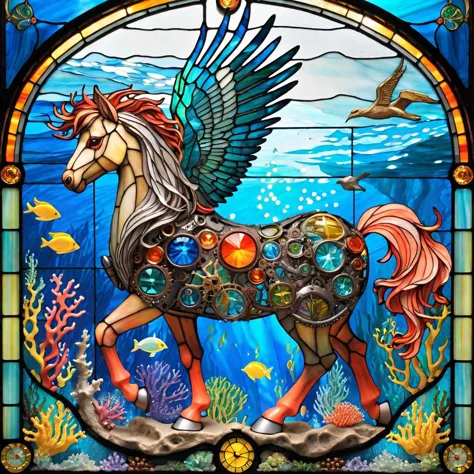 a close up of a stained glass window with a horse