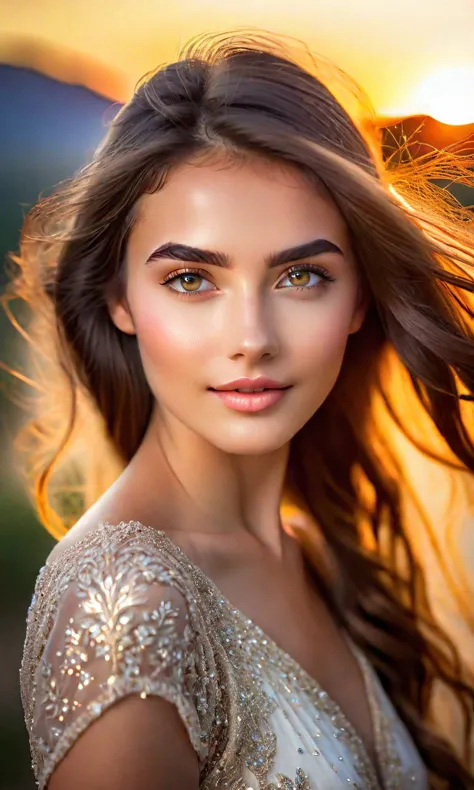 a woman with long hair and a white dress is posing for a picture