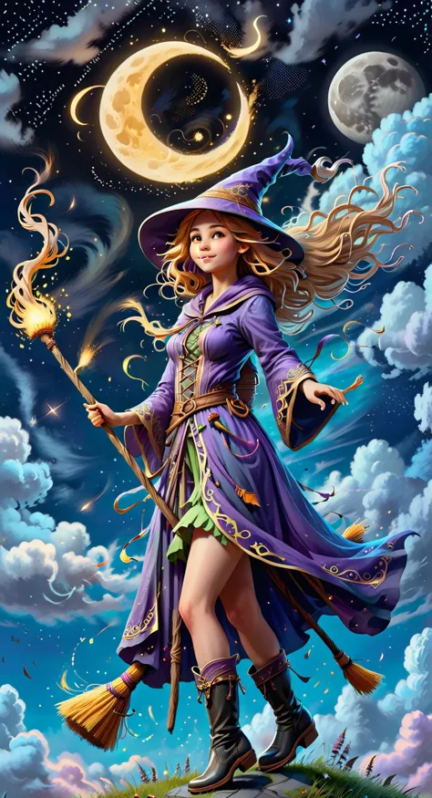 a woman in a purple dress and hat holding a broom