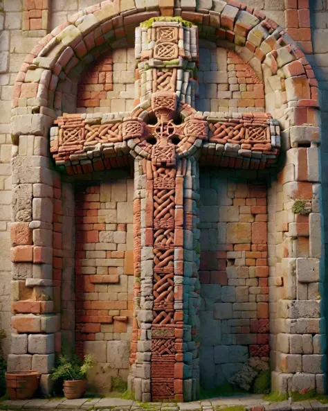 a close up of a cross on a brick wall near a doorway