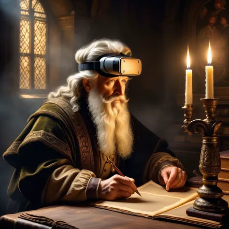 (((wise old sage using a VR headset, ancient scrolls, dimly lit study, candlelight, high resolution, HDR, detailed portrait, dramatic lighting, master painter, oil painting, Renaissance style, intricate details, wise eyes, flowing beard, wrinkled face)), scrolls, candle, vintage, aged paper, vintage pen, leather-bound books, wooden desk, quill pen, musty smell, detailed background), dramatic shadows, historical art, Rembrandt lighting, soft focus