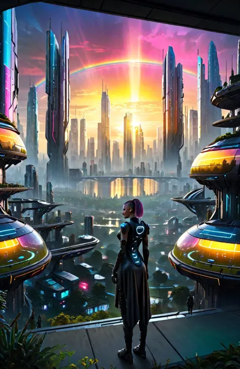 a woman standing in front of a futuristic city with futuristic buildings