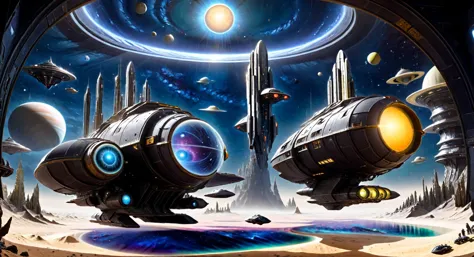 spaceships in a sci - fi environment with a planet in the background