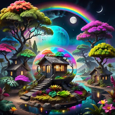 a fantasy house surrounded by trees and flowers in the night