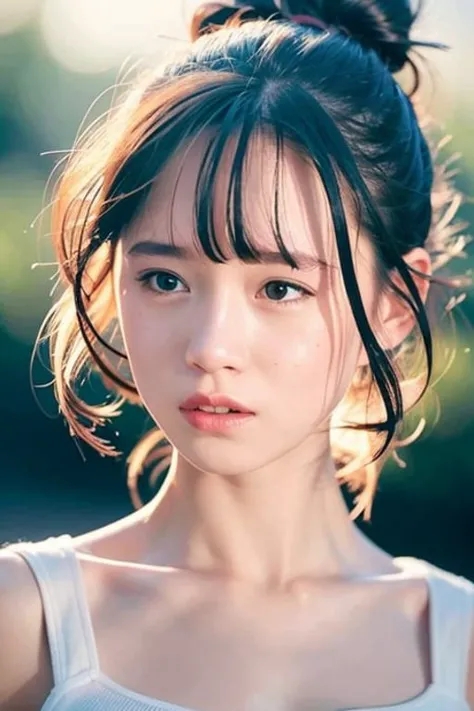 8k, RAW, best quality, ultra high res, 1girl, portrait, closeup, perfect lighting, hair buns, bangs, standing, crying, shed tear...
