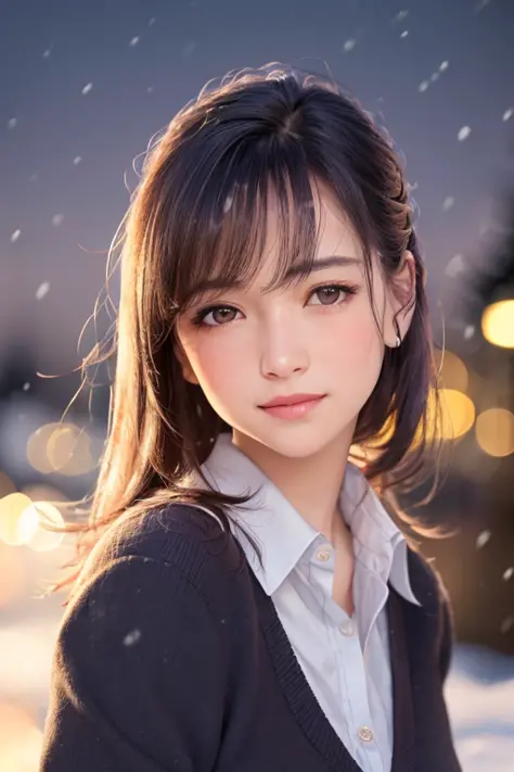 light blush,smile,
( (school uniform),blush, (snow,night lights),)
looking at viewer,beautiful woman,
 best quality, ultra high res, (photorealistic:1.4), hiqcgbody,masterpiece, (photorealistic:1.4), best quality, beautiful lighting, detailed, intricate , RAW photo, 8k uhd, film grain,   (akinav1)  akina-nakamori