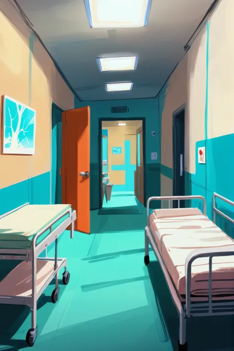 there is a hospital room with a bed and a desk