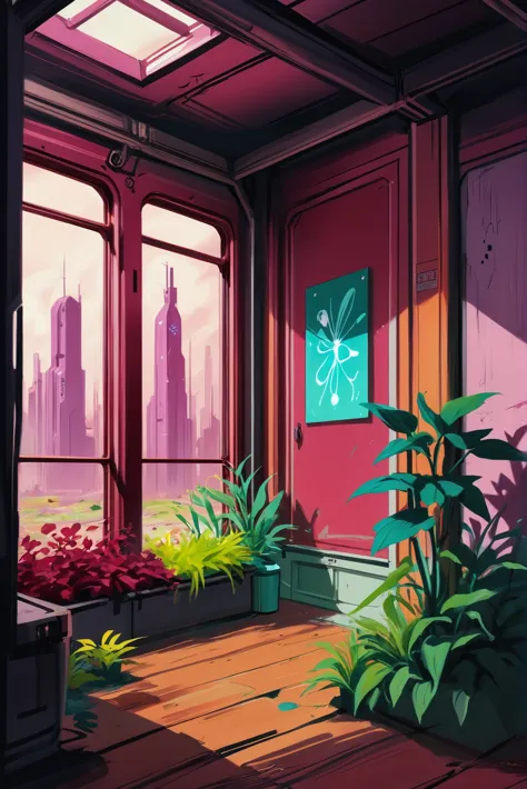 a painting of a room with a window and a plant in it