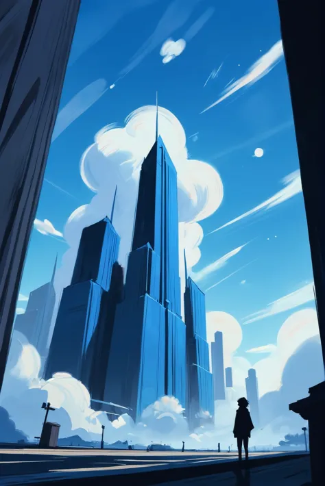 a cartoon picture of a person standing in front of a tall building