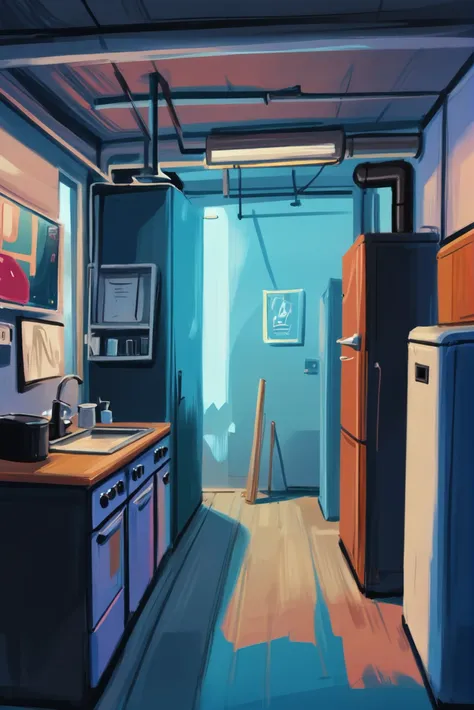 painting of a kitchen with a refrigerator