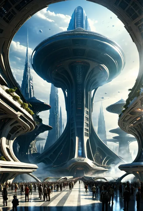 a group of people walking around a futuristic city with a futuristic structure