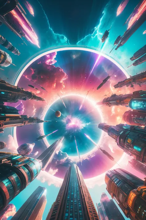 photograph, cinematic color grading, radial, scifi, a cheerful,amazing fantasy sky megacity beyond the beginning of the multiver...