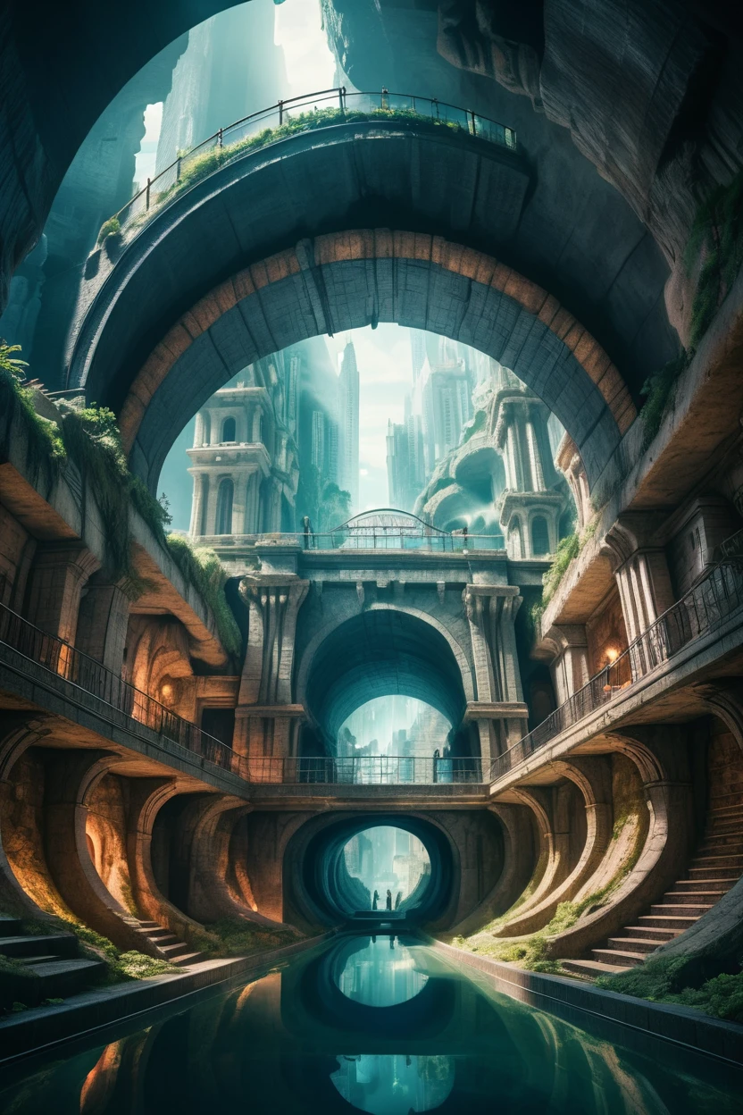 사진, 시네마틱 컬러 그레이딩, 방사형, 공상, 공상, 놀라운,wonderous 공상 subterranean city at the beginning of time