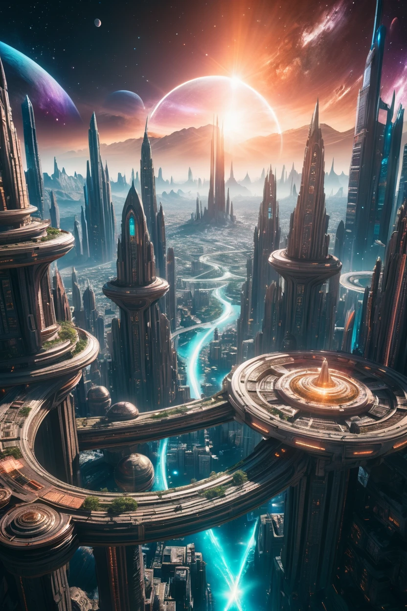 photograph, cinematic color grading, radial, fantasy, scifi, Unfathomable,wonderous fantasy city beyond the end of the universe