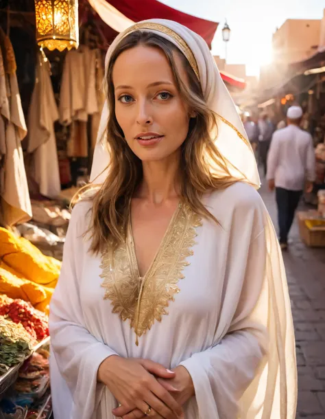 Renee Amberg, adorned in a flowing white kaftan with intricate gold embroidery and a matching headscarf wrapped loosely around her dark hair, stands confidently against the vibrant backdrop of a bustling street market in Marrakech, Morocco, where she poses languidly with one hand resting on the hilt of an ornate sword at her hip as the warm golden light from the setting sun casts a flattering glow across her features, her eyes sparkling with a sense of adventure while gazing directly into the camera lens from a slightly low angle to create a dynamic composition that draws viewers in, capturing her striking profile and accentuating her love for adventure. <lora:pyujyy18f5ffae304q135:1>