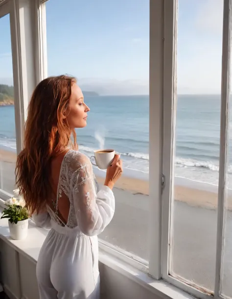 a woman in a white dress is standing by a window