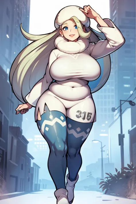 best quality, masterpiece, high resolution,  1girl <lora:melony:1> long hair,  blue eyes, huge breasts, gigantic breasts, (plump,  curvy:1.3), white headwear, fur hat, mature female, wide hips,round face,big ass, huge ass, thighs, pantyhose, long hair, sho...