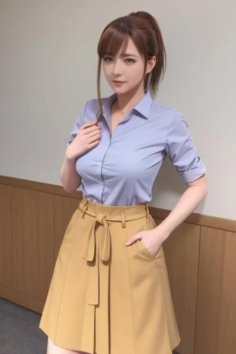 masterpiece,best quality,absurdres,photorealistic,mature female,sagging breasts,<lora:yalan:0.6>, brown_hair,ponytail,brown_eyes,skirt,shirt,