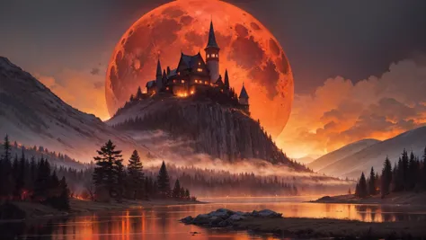 a castle on a mountain with a full moon in the background