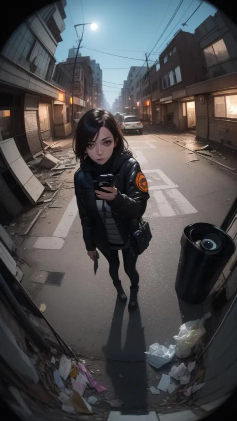 (Selfie, POV, 1girl rogue agent wearing mask, in a empty abandoned dystopian street year 2010, trashbags broken cars. (fisheye l...