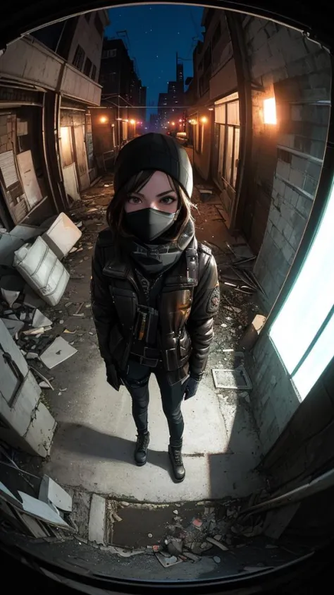 (Selfie, POV, 1girl rogue agent wearing mask, in a empty abandoned dystopian street year 2010, trashbags broken cars. (fisheye l...