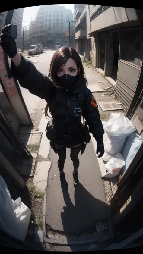 (Selfie, POV, 1girl rogue agent wearing mask, in a empty abandoned dystopian street year 2010, trashbags broken cars. (fisheye lens:1.2), nighttime analog style, masterpiece, (detailed eyes), best quality, epic, hyperrealistic, <lora:girl_with_mask_lora013...