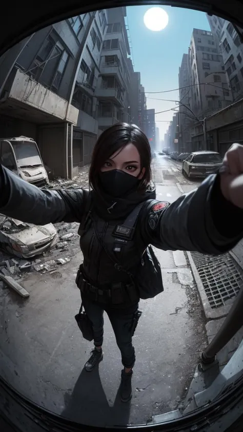 (Selfie, POV, 1girl rogue agent wearing mask, in a empty abandoned dystopian street year 2010, trashbags broken cars. (fisheye l...