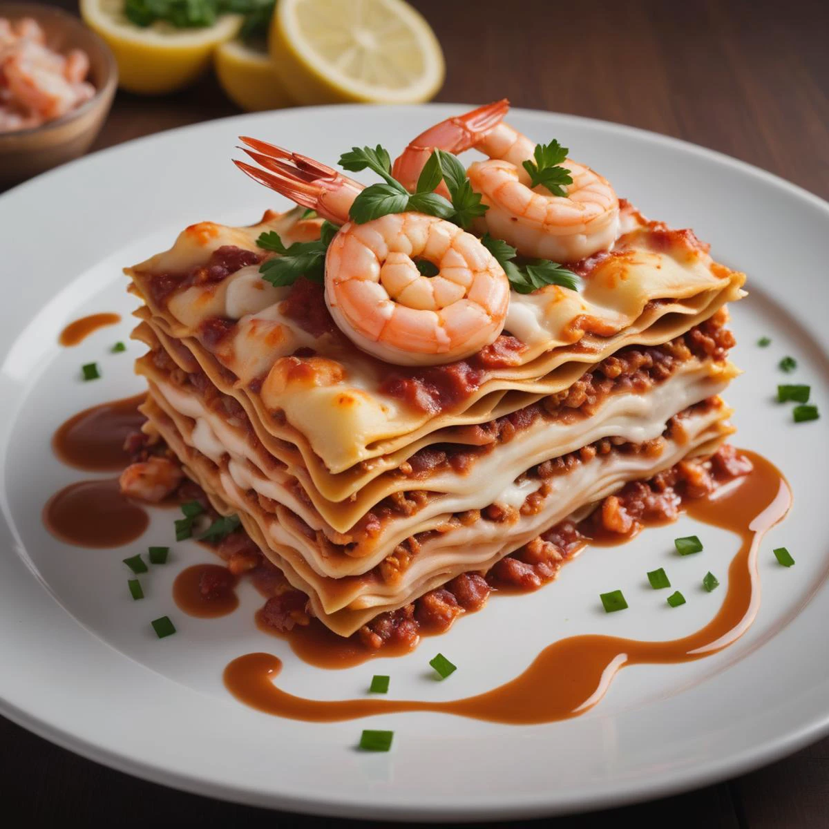 Professionelles Foto einer ausgefallenen Lasagne mit Garnelen obenauf. Essen -Porno. Kodak, Küche - SeaArt AI