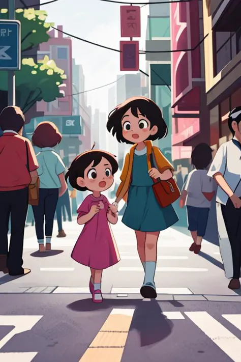 a cartoon image of a woman and a child walking down a street