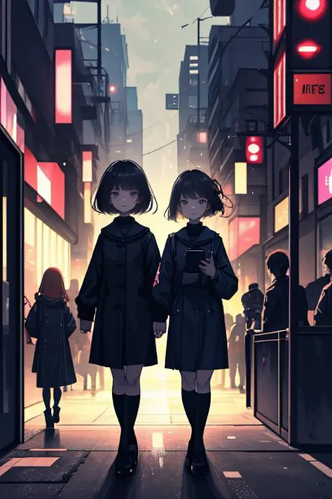 two girls standing in a city street with a red light