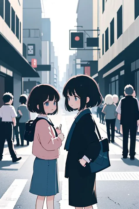 anime characters standing in a city street with people walking by