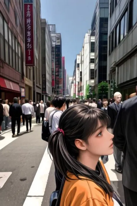 there is a woman standing in the middle of a busy street