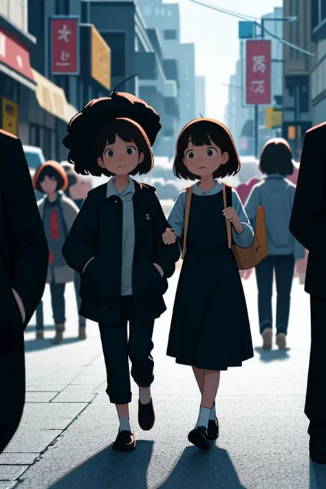 anime characters walking down a street in a city