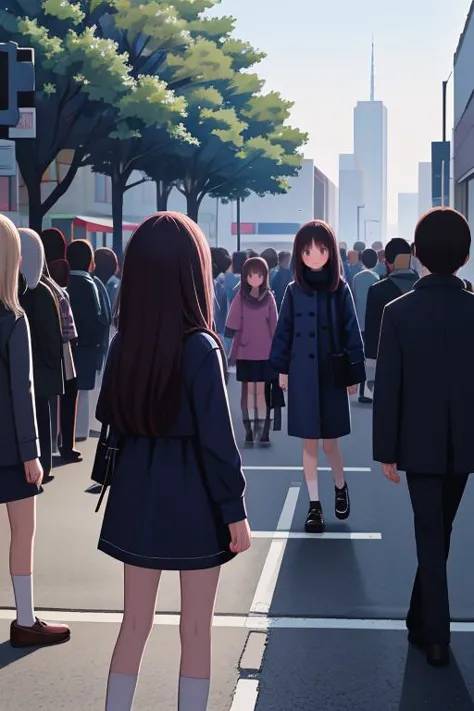 anime anime girls in school uniforms standing on a busy street