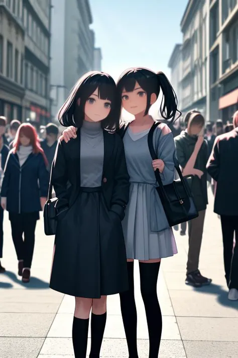 two young women standing next to each other on a city street