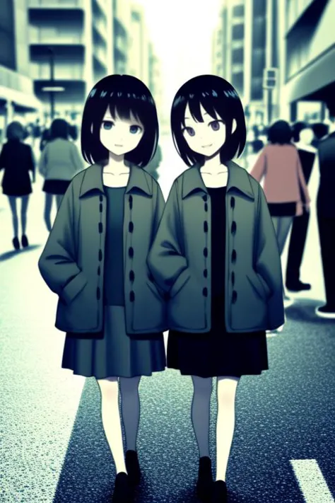 two anime girls standing in the middle of a street