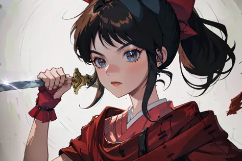 anime girl with a sword in her hand and a red dress