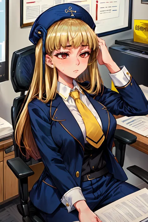 masterpiece,best quality,1girl,(gertrude),red eyes,[blonde hair|brown hair],blunt bangs,sidelocks,hime cut,blue hat,formal,(business suit),blue blazer,necktie,pants,large breasts,wide hips,expressionless,(half-closed eyes:0.9),tired,sweatdrop,sitting,office chair,document,office,cowboy shot,<lora:umi_gertrude:0.8>,<lora:Concept-control tool-add_detail-CyberAIchemist:0.8>,