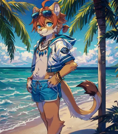 RAW, masterpiece, best quality, photorealistic, hi res, absurd res, complex pupils, complex textile, detailed lighting, High detail, , depth of field,
beautiful eyes, detailed eyes,
outside, beach, 
(solo), furry, anthro, kemono, lion, , thin, (slim:1.15),...