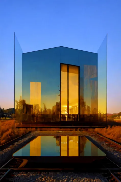 a close up of a glass structure with a reflection of a sunset