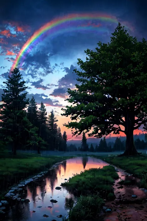 a brightly colored rainbow shines in the sky over a stream