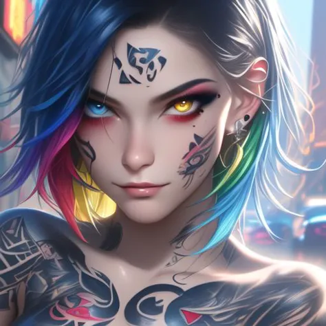 a woman with colorful hair and tattoos on her chest