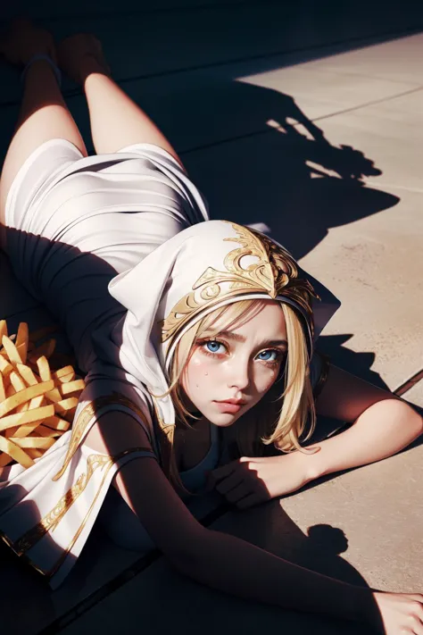 blond woman laying on the ground with a basket of fries