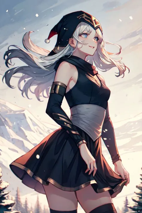 (best quality:1.2), (masterpiece:1.4), (detailed), intricate details, 1girl, ashe \(league of legends\), 1girl, blue eyes, small breasts, short dress, blue dress, detached sleeves, hooded cape, thighhighs, white hair, long hair, snowy forest, trees, winter, OverallDetail, detailed_eye_model, 01l, wind under skirt, panty showing, smile, closed mouth