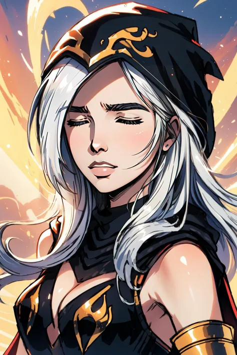 (masterpiece, best quality),  intricate details,
1girl,  <lyco:Ashe_LoL-000013:0.8>ashe \(league of legends\), 1girl, black dress, detached sleeves, hooded cape, white hair, long hair,
 <lora:Yaranaika:0.8> YaranaikaFace,  upper body, looking at viewer, portrait,closed eyes,