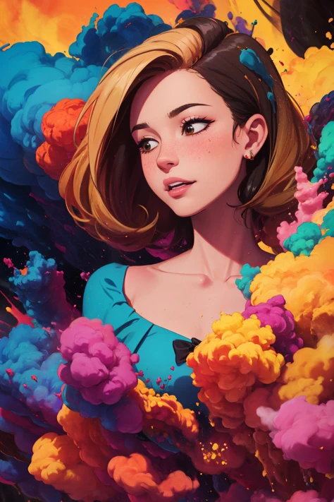 highres, detailed, (photorealistic:1.3), (outlines:1.1), raw palette, limited palette, flat color, (colorful explosive dust in background:1.1), colorful vapour, abstract, chaotic,  emerging from smoke, dust particles, particle effects, floating particles,  solo, 1 girl, adult  woman, beautiful, hazel eyes, dark blonde hair flaps, eager, parted lips, dark lipstick , freckles, upper body, dark green french maid uniform, exposed shoulders, barefoot , bare neck ,  (digital  theme:1.1),