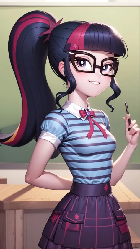 (masterpiece, best quality:1.2),<lora:mlp_twilightsparkle-10:1>,cowboy shot,solo,1girl,mlptwilight,smile,looking at viewer,ponytail,glasses,striped shirt,purple skirt,classroom, dynamic lighting,