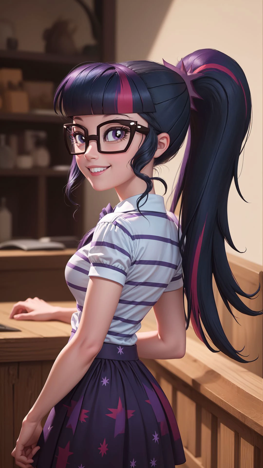 (masterpiece, best quality:1.2),cowboy shot,solo,1girl,mlptwilight,smile,looking at viewer,ponytail,glasses,striped shirt,purple skirt,