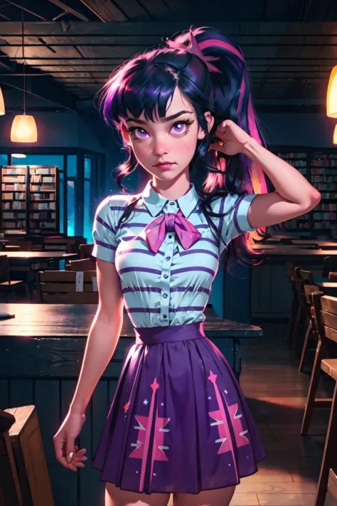 (mlptwilight:1.2), (pink skin), (long hair, ponytail, straight hair, black hair with purple and pink strips, bangs:1.0), striped shirt, purple skirt, pink neck bow, purple eyes, long hair, library, (realistic:1.2),  (masterpiece:1.2), (full-body-shot:1),(Cowboy-shot:1.2), neon lighting, dark romantic lighting, (highly detailed:1.2),(detailed face:1.2), (gradients), colorful, detailed eyes, (detailed landscape:1.2), (natural lighting:1.2),(detailed background), detailed landscape, (cute pose:1.2), solo, <lora:mlp_twilightsparkle-10:0.85> <lora:add_detail:0.15> <lora:hipoly3DModelLora_v10:0.05>  <lora:RSERomantic_RSESofiko_RSEEmma-v1:0.1> <lora:BeautifulEyes:0.6>  <lora:CharacterDesign_Concept-10:0> <lyco:coloredSkin-08:0.35>